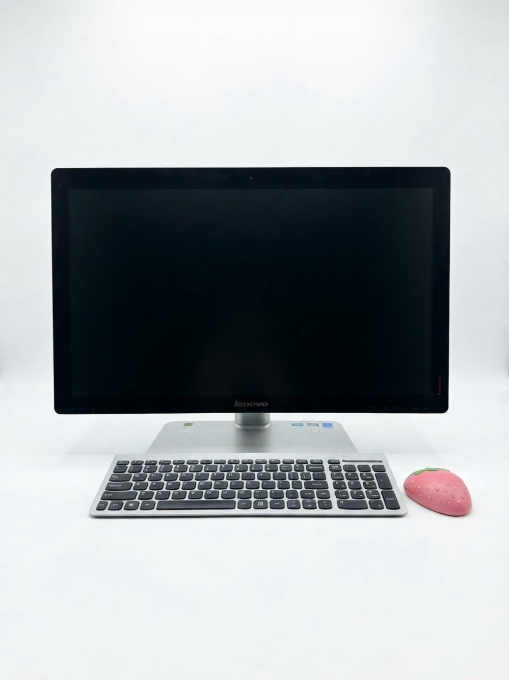 Lenovo All-in-One Desktop with Silver Keyboard and Black Display